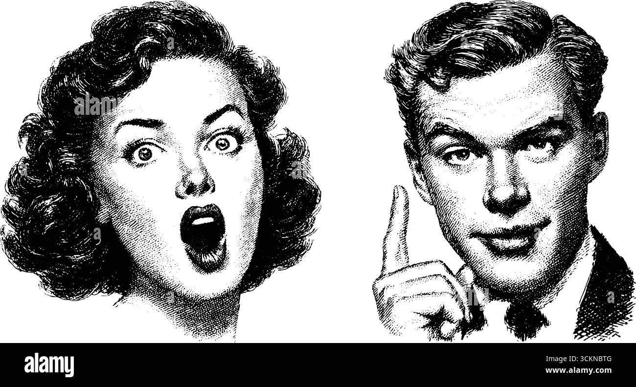 Ensemble d'illustrations gravées représentant une femme surprise et un homme réfléchi pour des designs rétro. Illustration de Vecteur