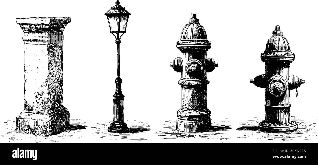 Ensemble d'illustrations gravées vintage avec blocs de béton, lampadaires et prises d'incendie. Illustration de Vecteur