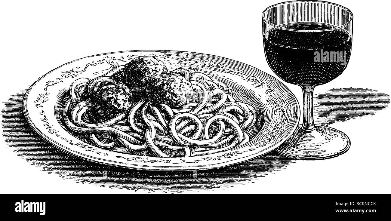 Illustration gravée classique de spaghettis et boulettes de viande avec du vin pour un décor d'art culinaire. Illustration de Vecteur