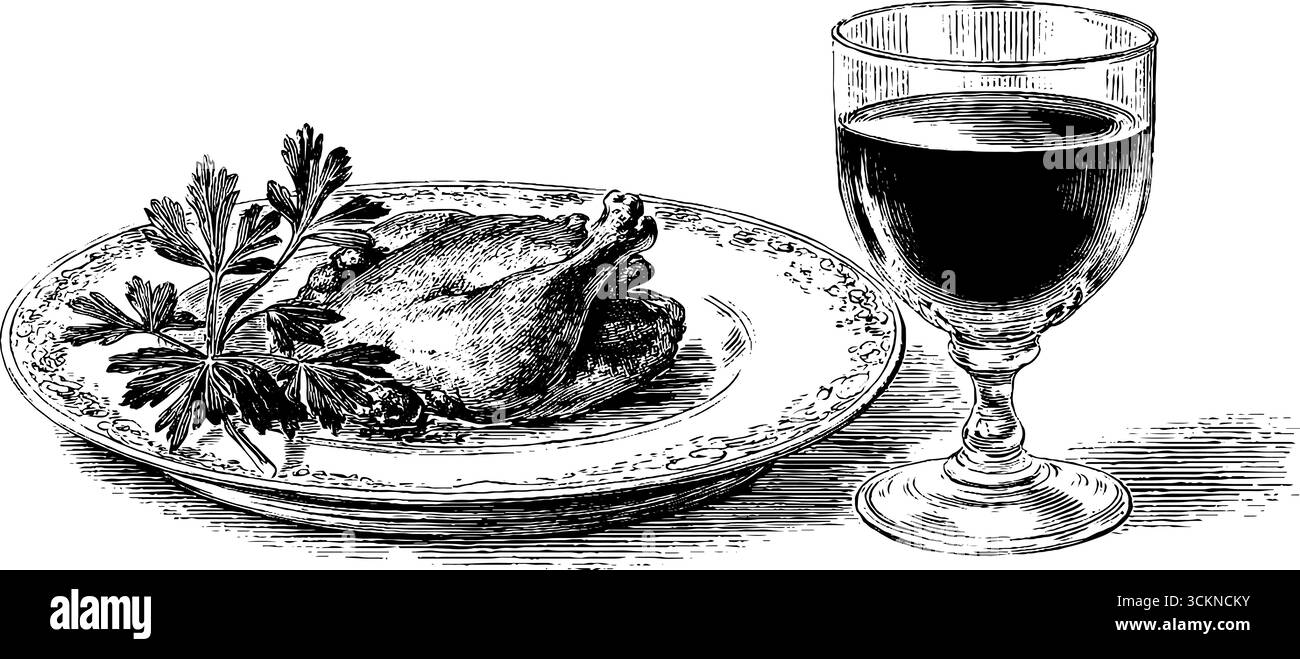 Illustration gravée d'une assiette de coq au vin avec vin pour l'art culinaire et la décoration du restaurant. Illustration de Vecteur
