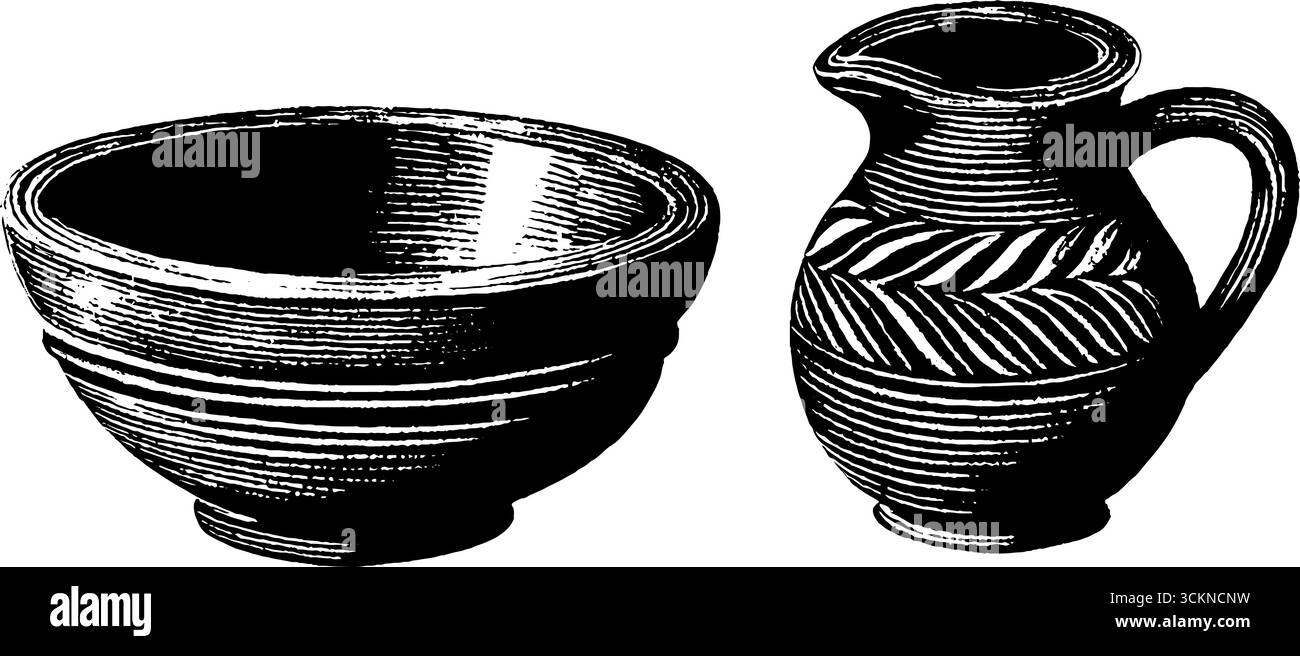 Anciens bols en terre cuite indiens gravés et ensemble d'illustration de pichet. Illustration de Vecteur