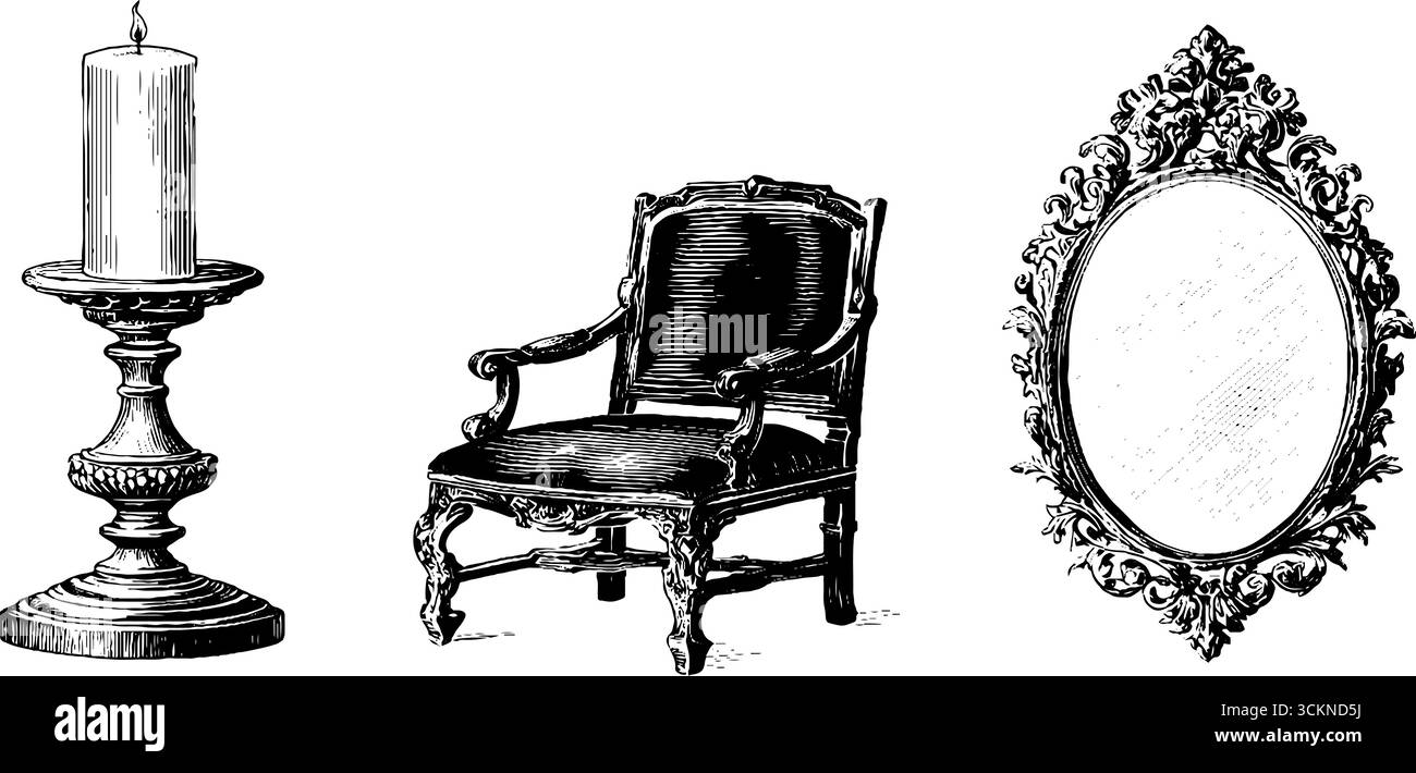 Ensemble d'art baroque gravé : chandelier, chaise et miroir design pour un décor historique. Illustration de Vecteur