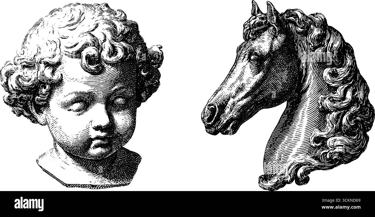 Ensemble de gravure baroque de buste de chérubin et de cheval pour le design classique et les projets artistiques. Illustration de Vecteur