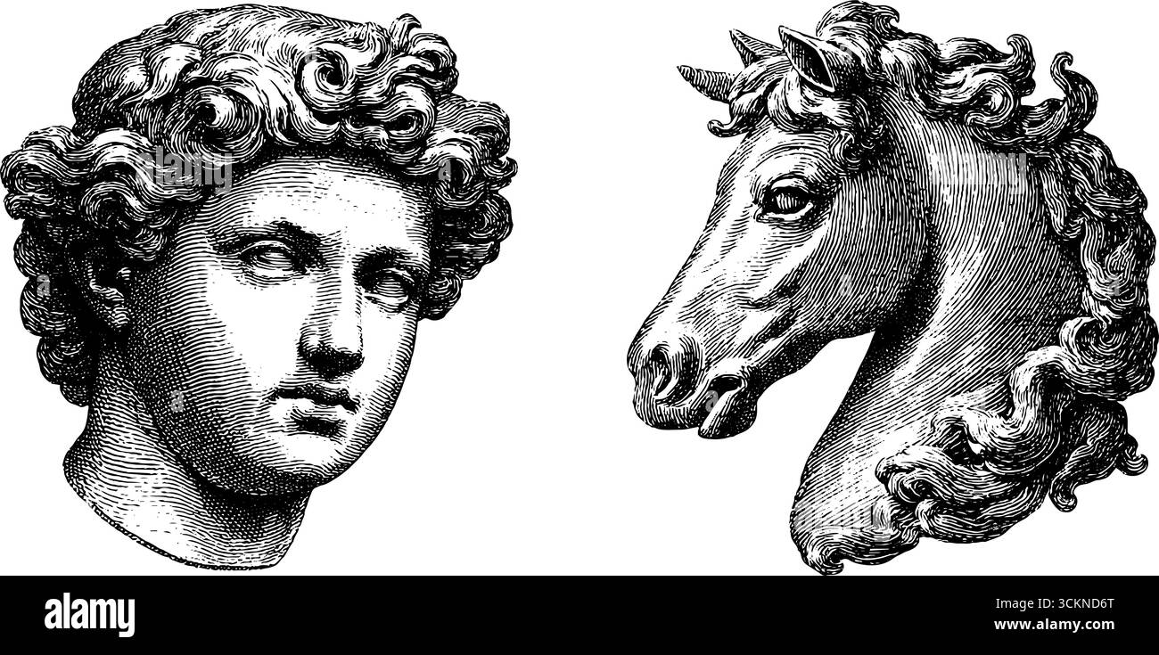 Profils de chérubin et de cheval baroque dans un style gravé pour la conception artistique. Illustration de Vecteur