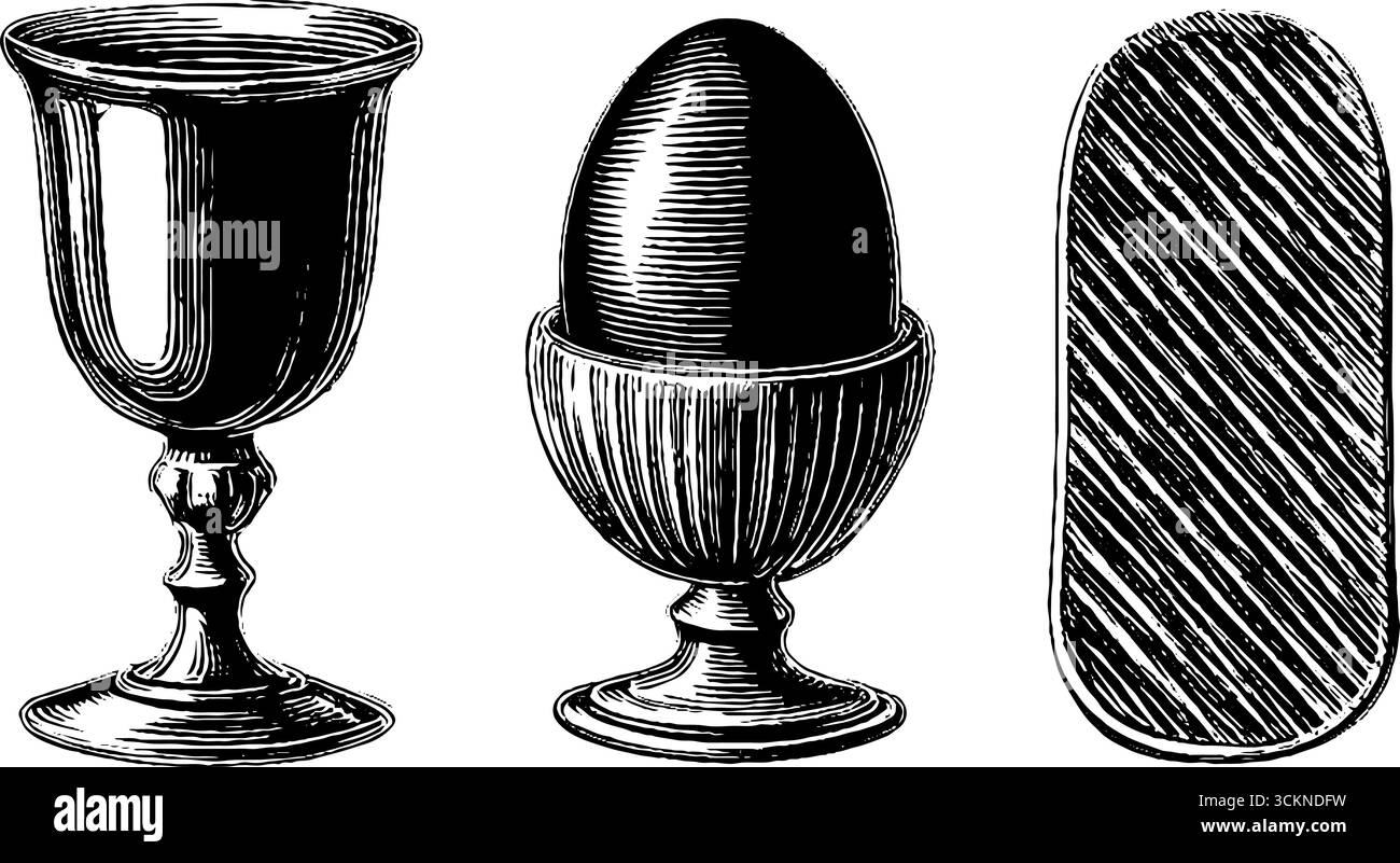 Gravure d'ustensiles de cuisine vintage : coquetiers et conception de couteau à beurre pour un décor culinaire. Illustration de Vecteur