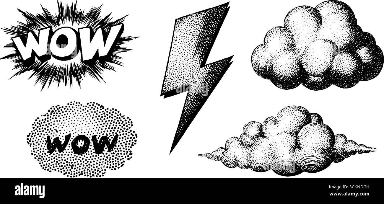 Bulles et nuages d'explosion de style comique rétro avec éclair audacieux pour des projets de conception créatifs. Illustration de Vecteur
