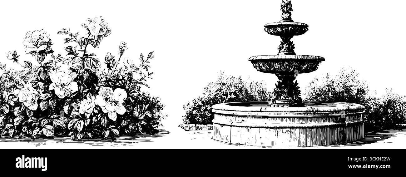 Charmante scène de village provincial français avec fontaine élégante et jardin fleuri. Illustration de Vecteur