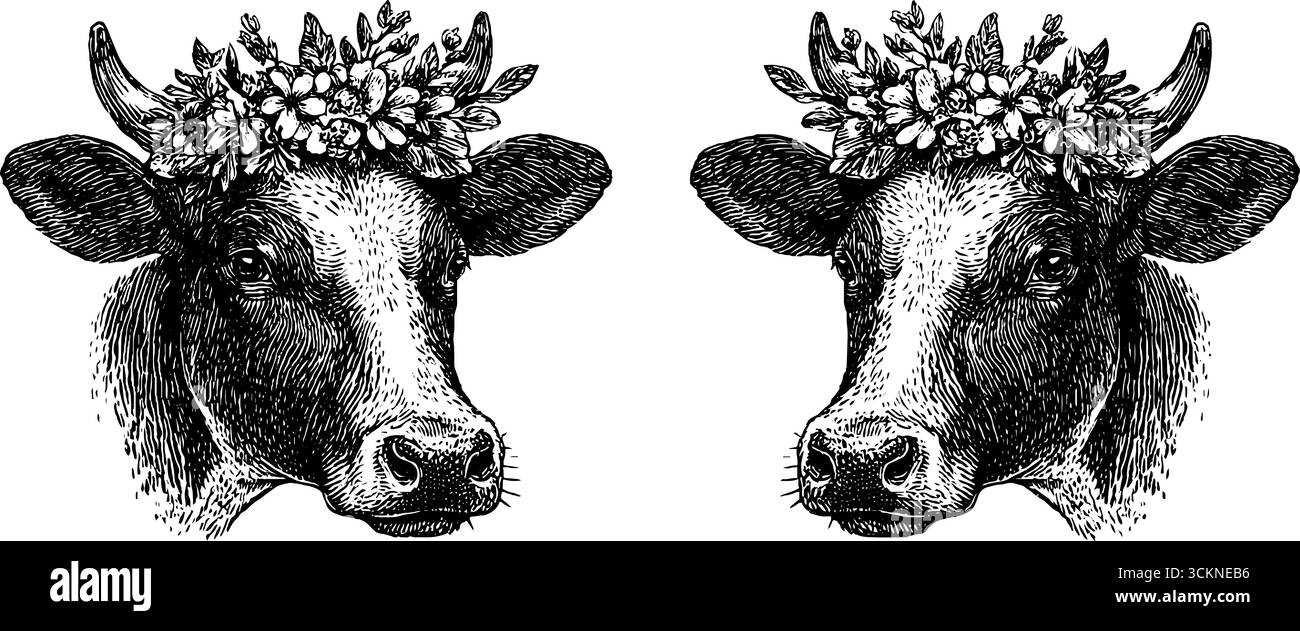 Illustrations de vache gravées vintage avec couronnes de fleurs pour un décor rustique de ferme. Illustration de Vecteur Illustrations de vache gravées vintage avec couronnes de fleurs pour un décor rustique de ferme. Illustration de Vecteur