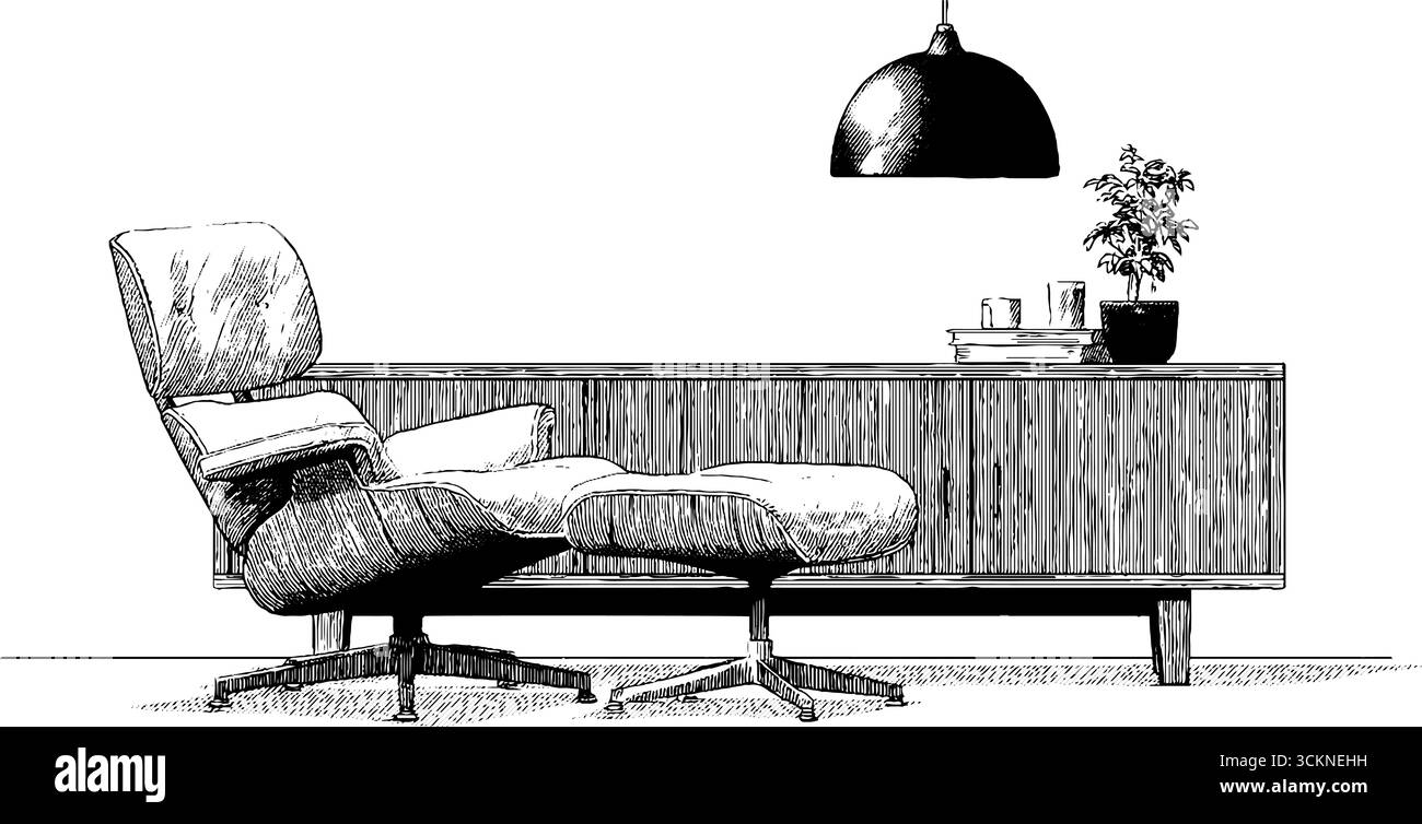 Décoration intérieure moderne du milieu du siècle avec chaise longue et meuble. Illustration de Vecteur