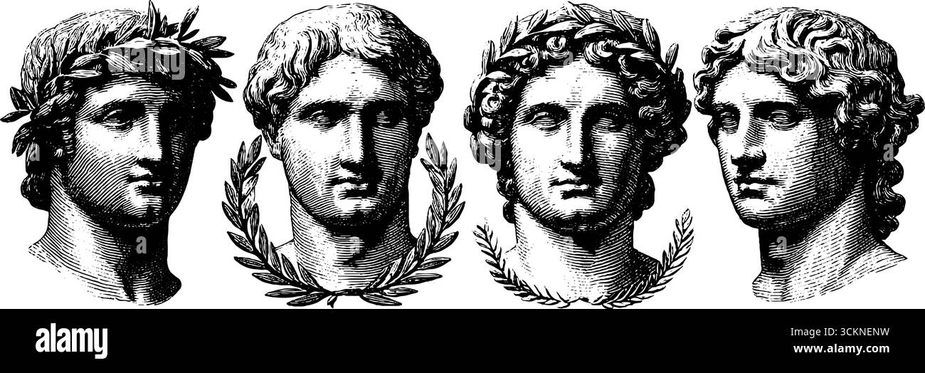 Illustrations gravées de bustes classiques avec des couronnes de laurier pour la conception historique. Illustration de Vecteur