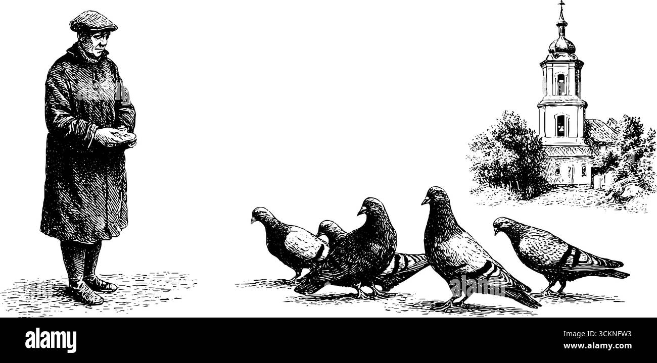 Scène gravée vintage de l'homme nourrissant des pigeons près de l'église historique pour la conception éducative. Illustration de Vecteur