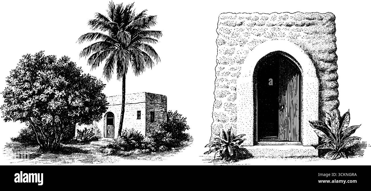 Ensemble d'illustrations gravées de l'architecture swahili avec des structures en pierre de corail. Illustration de Vecteur