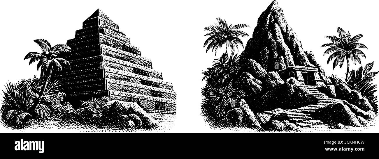 Ancienne ziggourat et pyramide dans la jungle illustration gravée pour la conception historique. Illustration de Vecteur