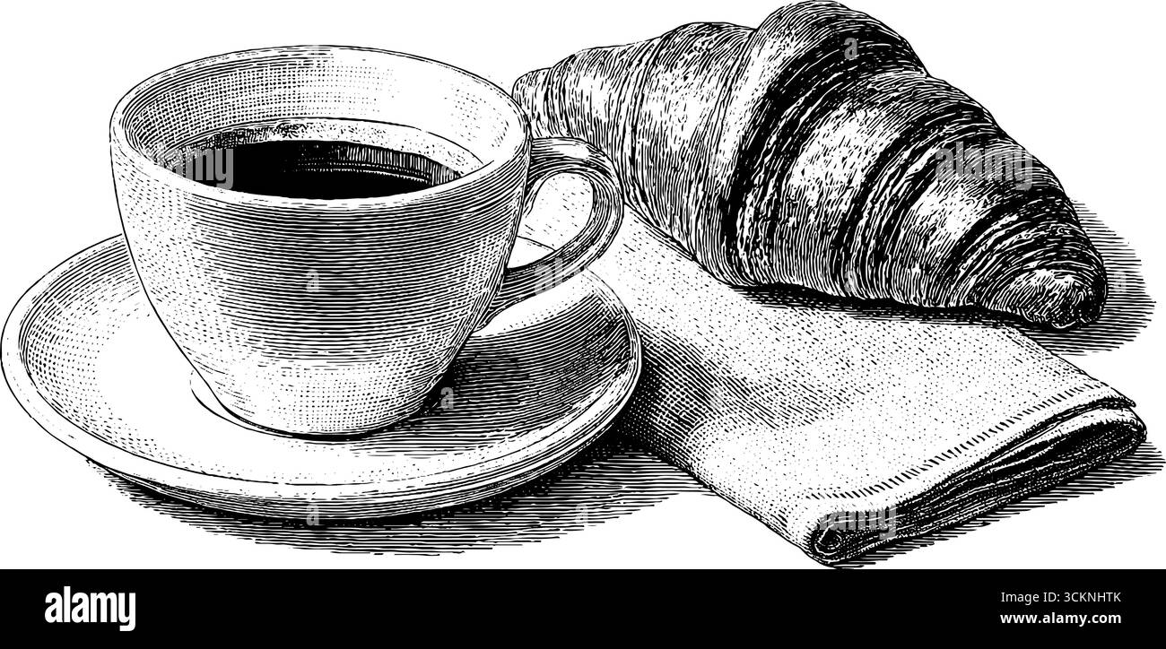 Cadre élégant pour le petit déjeuner avec croissants gravés et art expresso pour un décor de café. Illustration de Vecteur