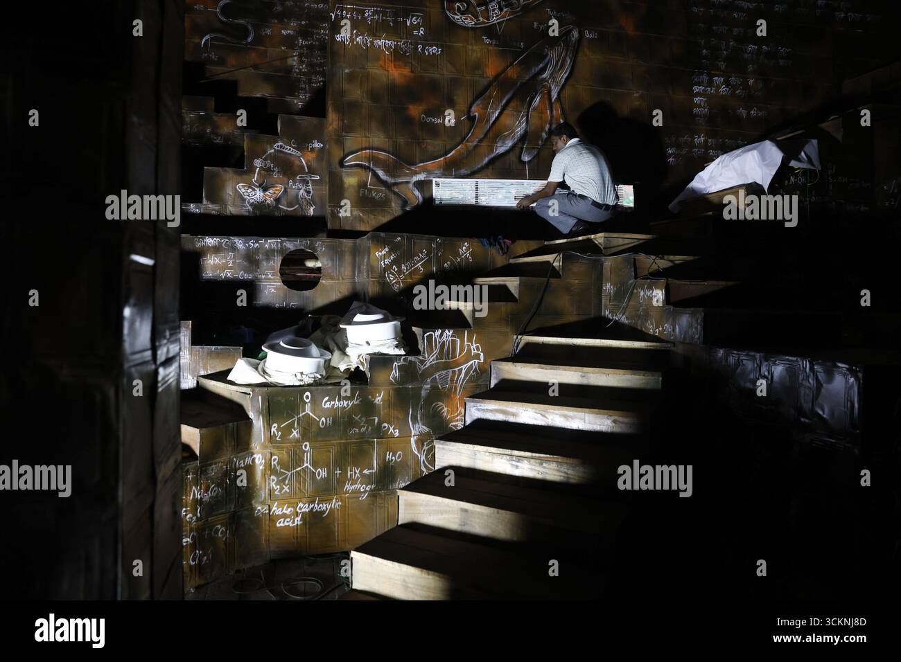 Kolkata, Bengale occidental, Inde. 12 septembre 2025. Un artisan décore dans un pandal temporaire en construction pour enseigner aux peuples les différents aspects de la biologie avec des boîtes à huile de cuisson usagées, avant le festival Durga Puja à Kolkata, en Inde, le 12 septembre 2025. Le festival annuel de Durga Puja, qui commence le 28 septembre et se termine le 2 octobre, est l'un des festivals les plus populaires pour les hindous. Dans la mythologie hindoue, la déesse hindoue Durga symbolise le pouvoir et le triomphe du bien sur le mal. (Crédit image : © Rupak de Chowdhuri/ZUMA Press Wire) USAGE ÉDITORIAL SEULEMENT ! Non destiné à des fins commerciales Banque D'Images