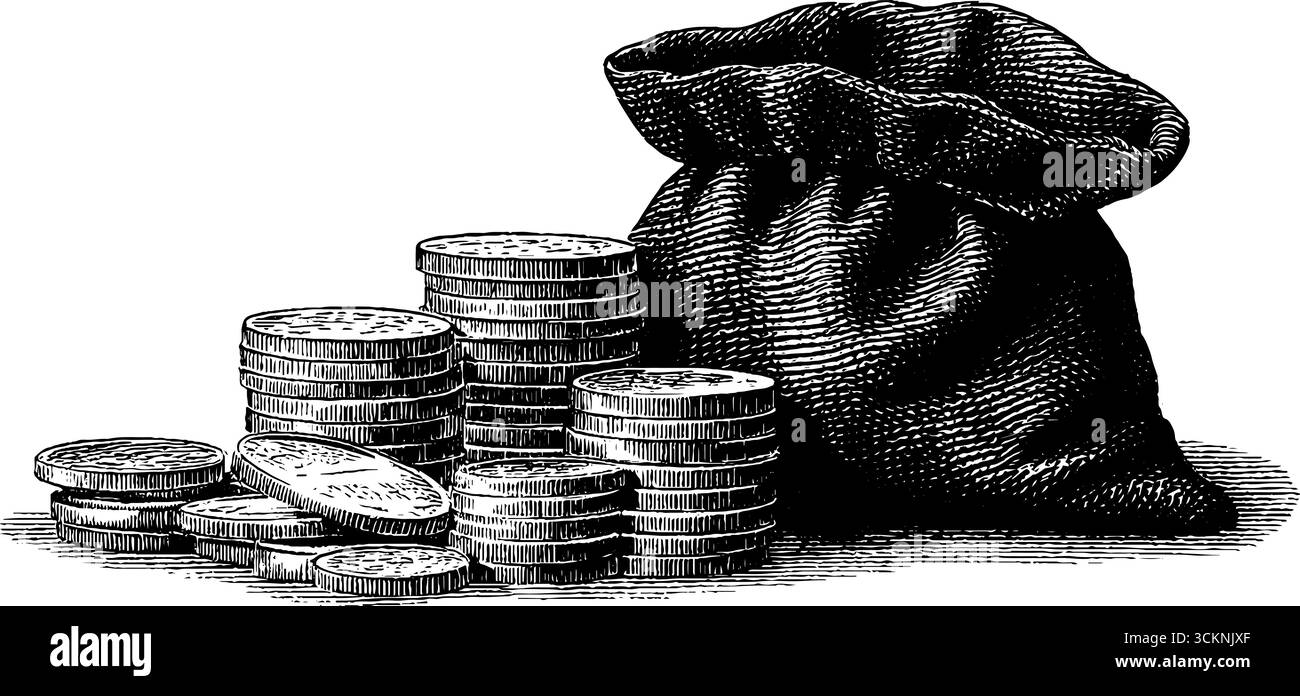 Illustration gravée de la pile de pièces de monnaie ancienne avec pochette pour la conception historique. Illustration de Vecteur