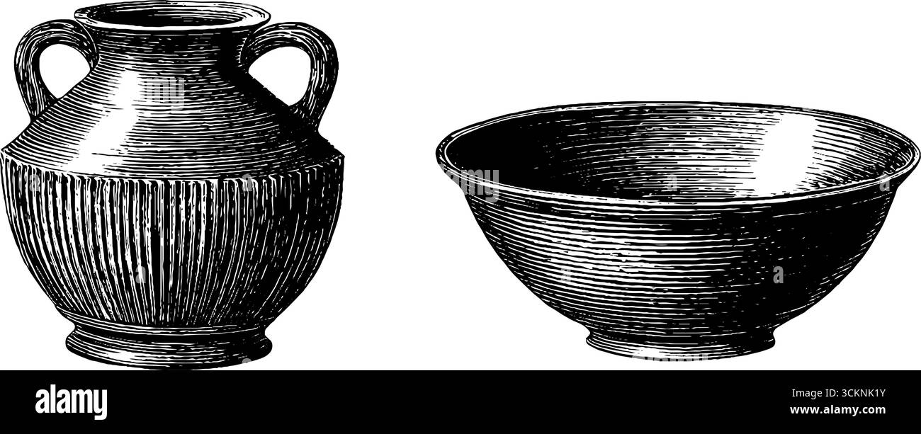 Ancienne cruche romaine et bol : ensemble d'illustrations gravées pour la conception historique. Illustration de Vecteur