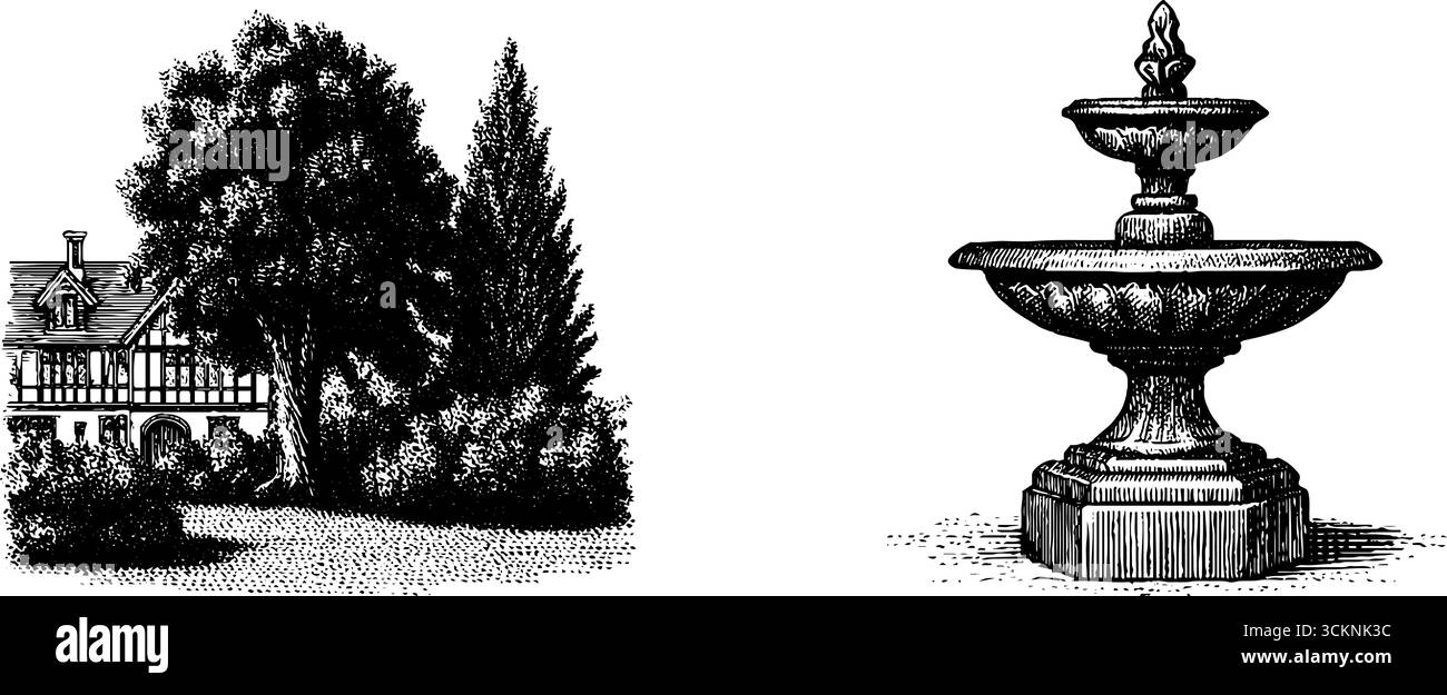 Ensemble d'illustrations gravées du manoir historique tudor et de la fontaine. Illustration de Vecteur