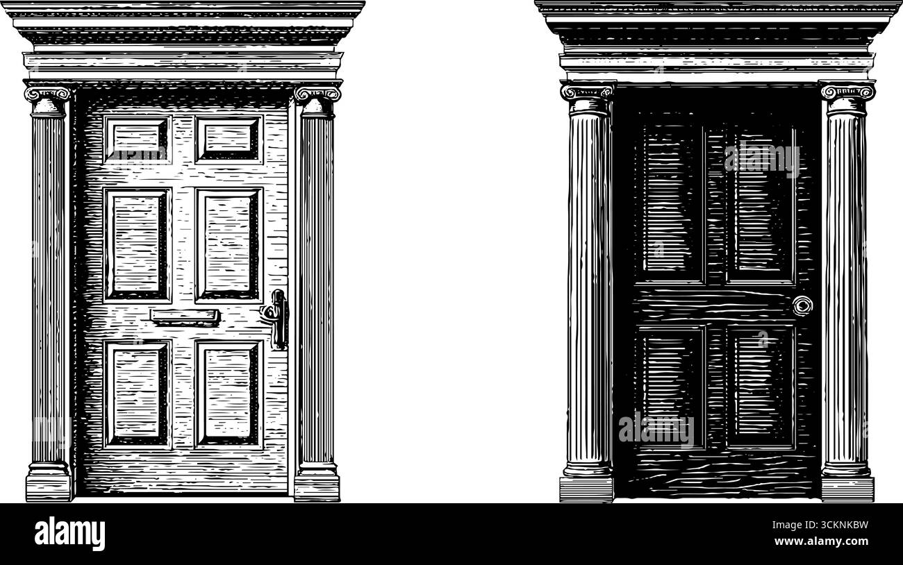 Illustration gravée de portes d'artisan classiques avec des colonnes décoratives et des corniches. Illustration de Vecteur