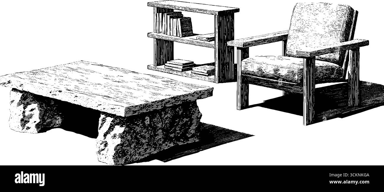 Ensemble d'illustrations gravées avec table basse brutaliste avec chaise et étagère pour des concepts de design d'intérieur. Illustration de Vecteur
