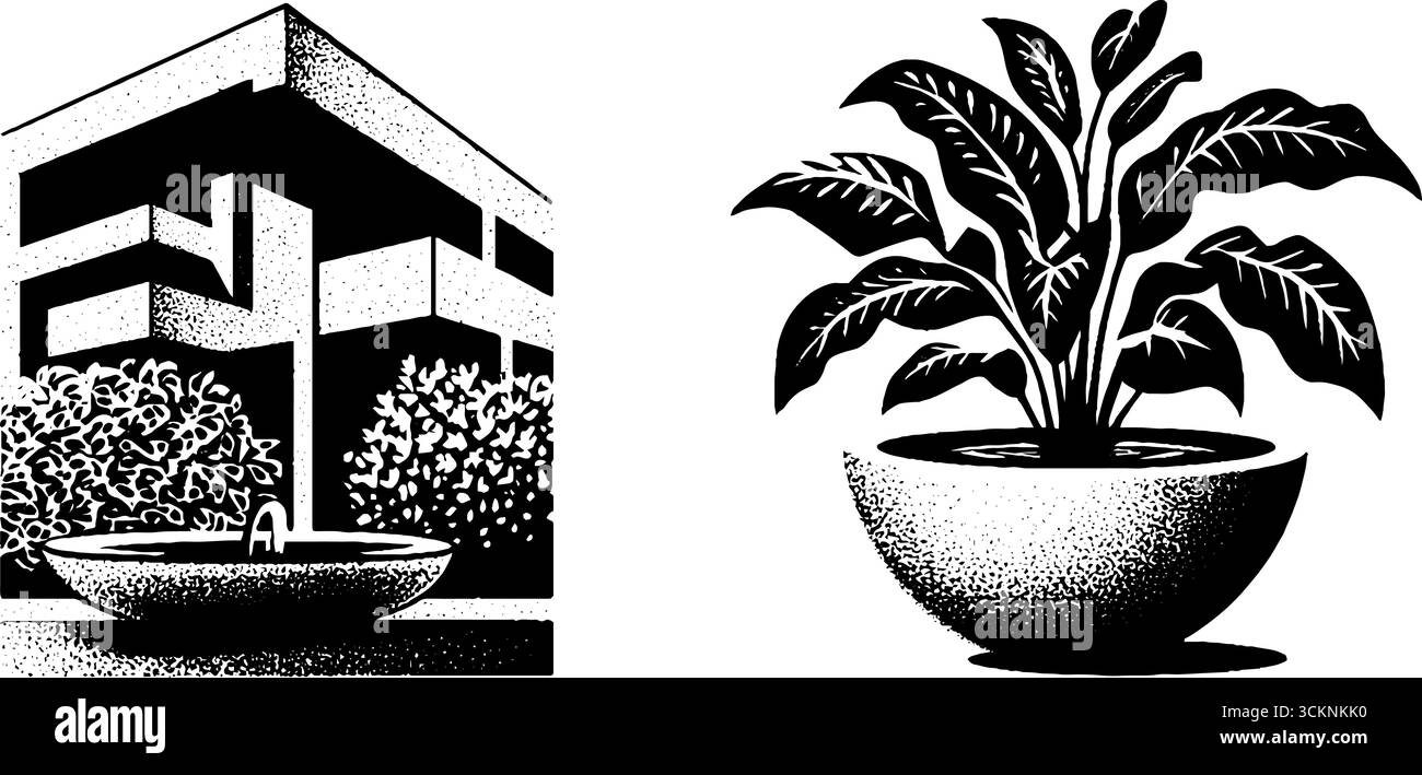 Ensemble de gravure d'architecture brutaliste et de design botanique pour l'inspiration artistique. Illustration de Vecteur