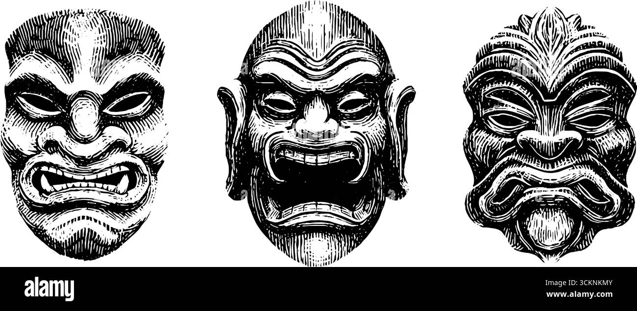 Illustration gravée complexe de masques reliquaires Fang pour la conception culturelle et artistique. Illustration de Vecteur