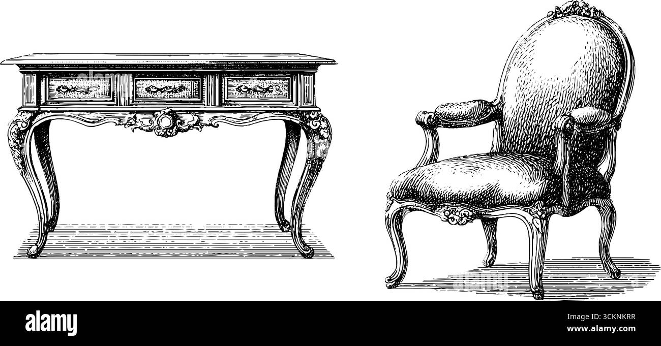 Élégantes gravures de meubles provinciaux français avec ensemble de salle à manger orné pour la décoration d'intérieur et les collectionneurs. Illustration de Vecteur