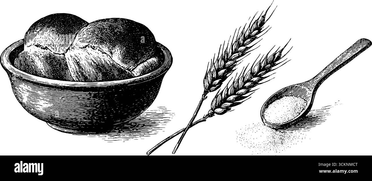 Ensemble traditionnel de pain challah tressé avec illustration gravée de blé et cuillère. Illustration de Vecteur