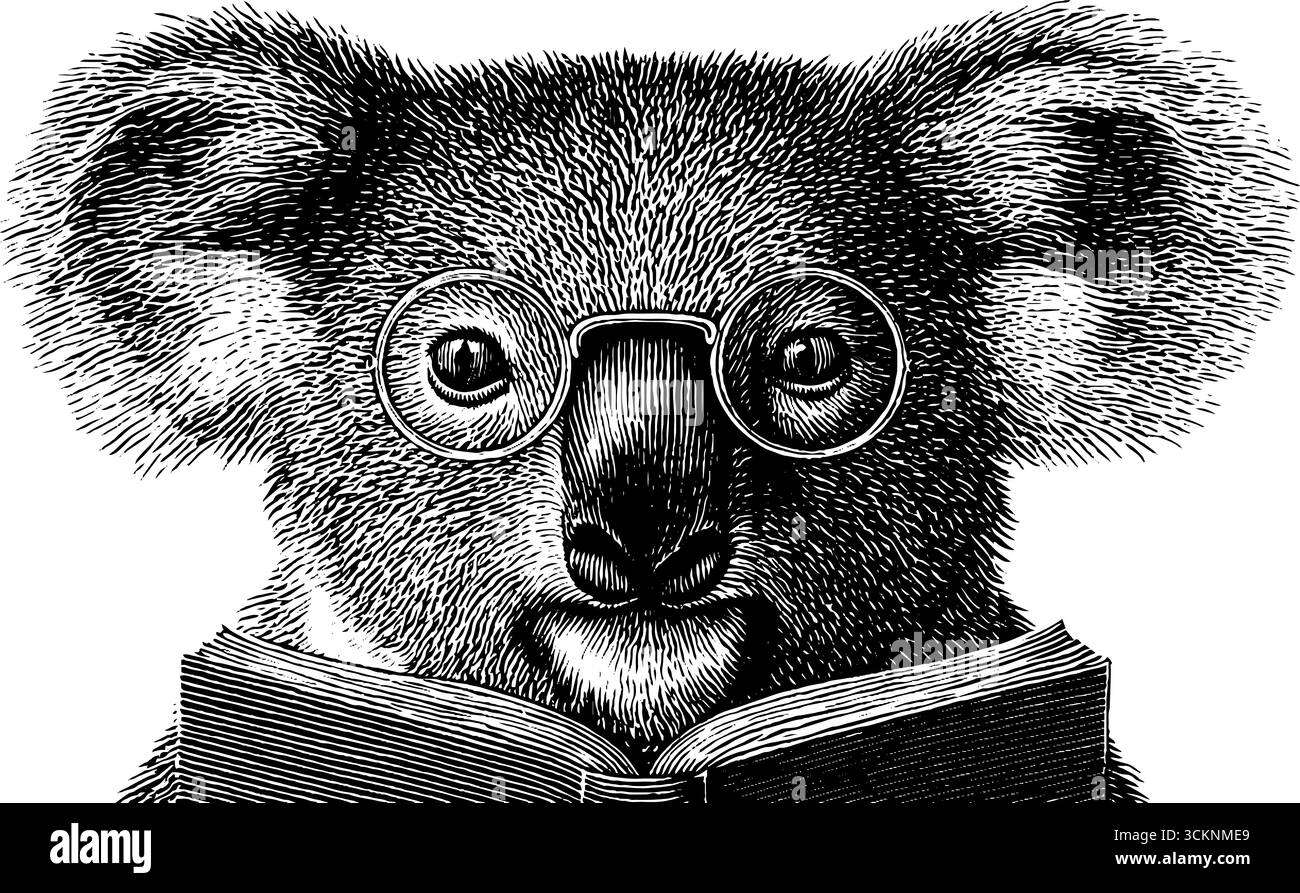 Koala gravé dans des verres ronds lisant une illustration de livre. Illustration de Vecteur