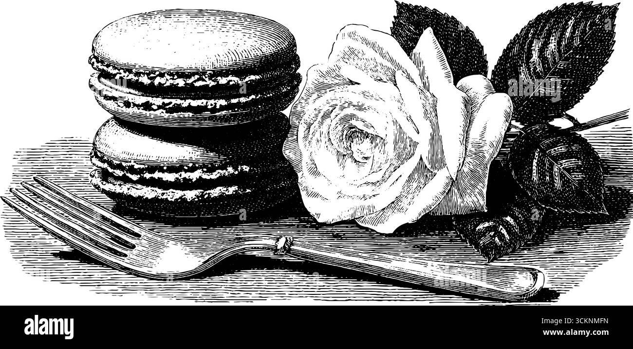 Élégant motif gravé avec pile de macarons et rose avec charme vintage. Illustration de Vecteur