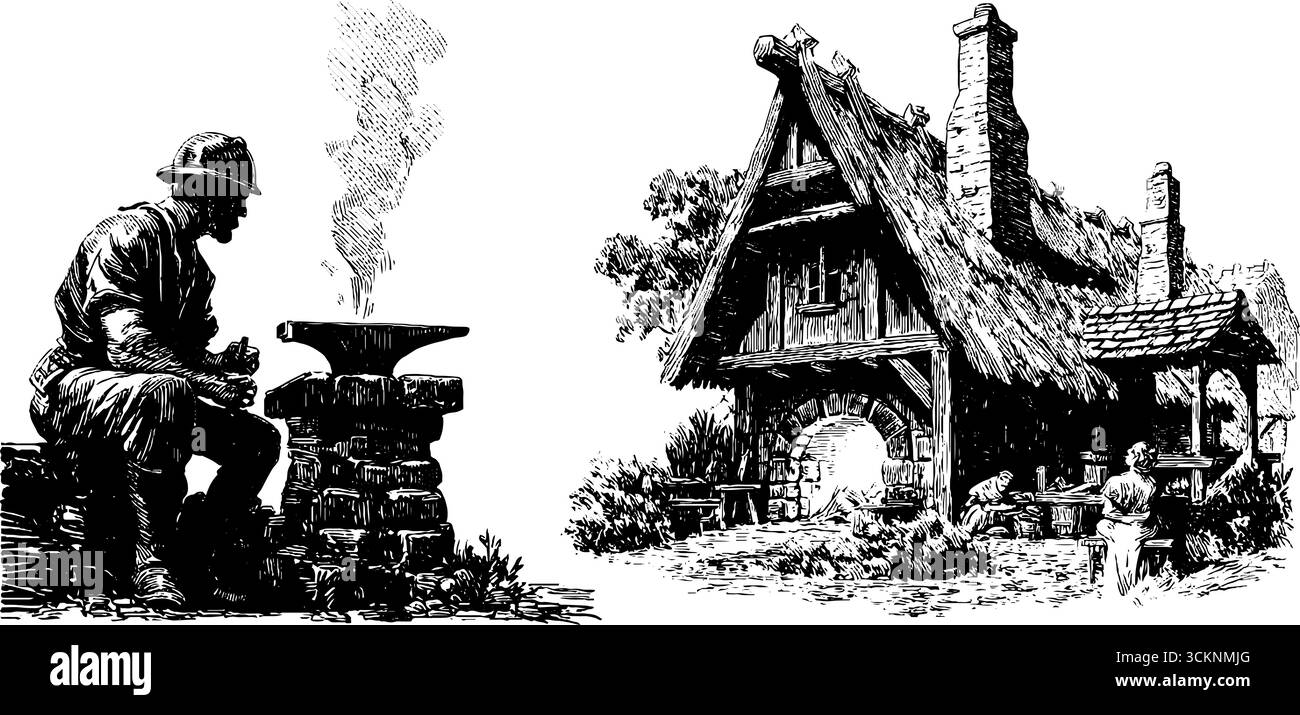 Forgeron médiéval et gravure de scène de chalet pour la conception historique et des projets d'art. Illustration de Vecteur