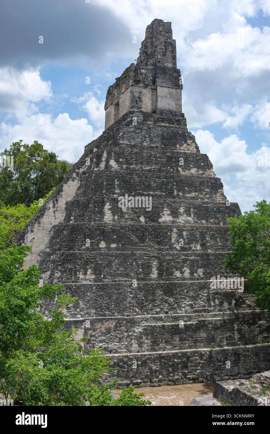 Flores, Guatemala - 12 juin 2025 : Temple du Grand Jaguar à Tikal, c'est les ruines d'une ancienne ville maya à Flores, Peten, Guatemala. Banque D'Images