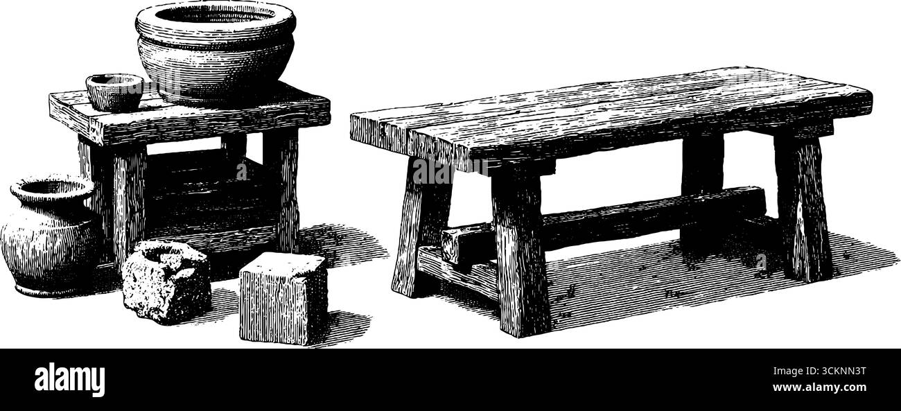 Gravure traditionnelle du marché nocturne avec pots et bancs en bois. Illustration de Vecteur