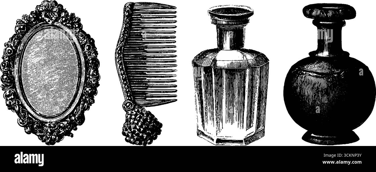 Ensemble gravé vintage avec miroir saphir, peigne antique, bouteille de parfum. Illustration de Vecteur