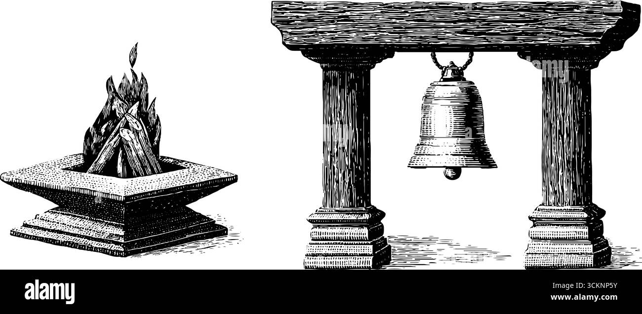 Éléments de rituel védique avec yantra et gravure de cloche sacrée pour un design spirituel. Illustration de Vecteur