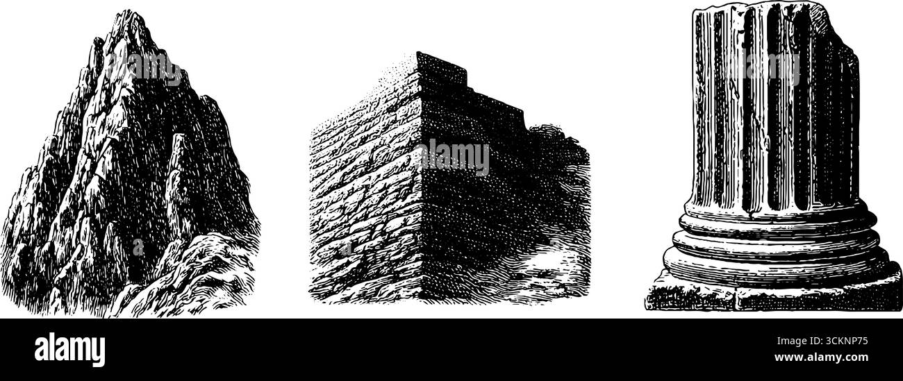 Anciennes gravures sumériennes en relief avec ziggourat et colonnes architecturales pour l'enseignement historique. Illustration de Vecteur