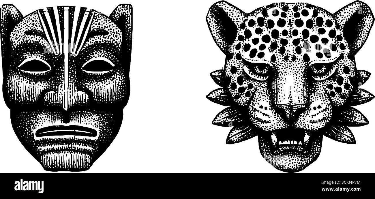 Masques en bois tribal gravés de façon complexe pour la conception culturelle. Illustration de Vecteur