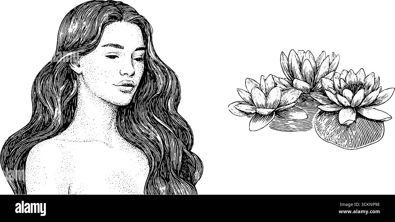 Nymphe d'eau gravée avec des cheveux coulants et des fleurs de lotus - art mythique pour le design et la décoration. Illustration de Vecteur