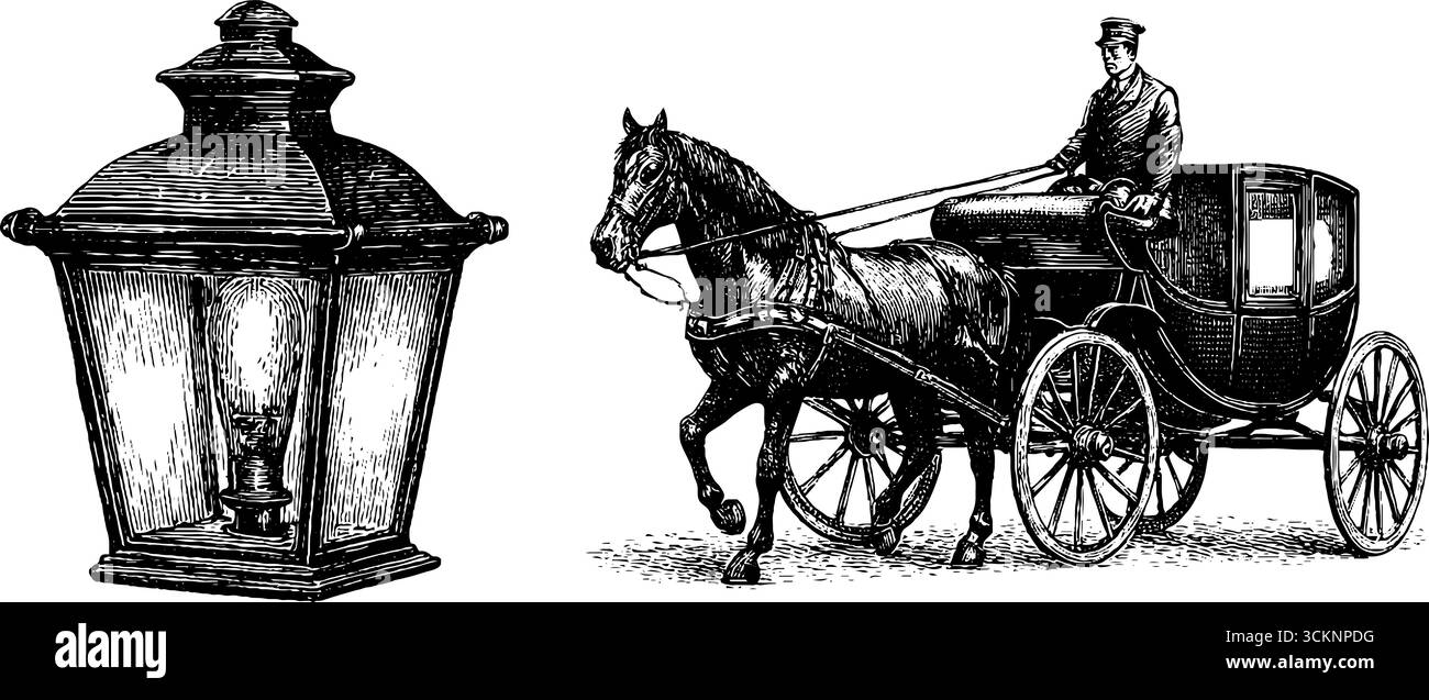 Chariot de cheval vintage et gravure de lanterne pour des impressions et un design historiques. Illustration de Vecteur