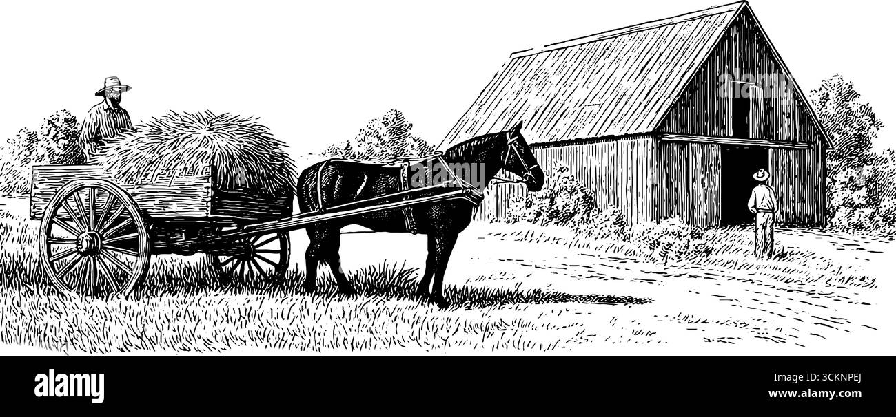 Scène agricole vintage avec chariot tiré par des chevaux transportant du foin près de la grange rustique. Illustration de Vecteur