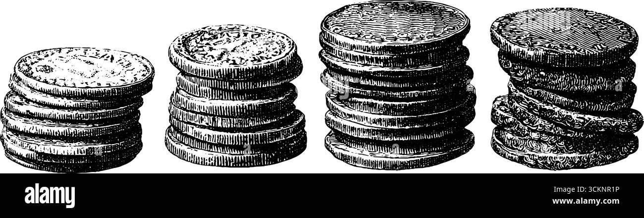 Gravure romaine antique de pile de pièces de monnaie pour la conception historique et les projets d'art. Illustration de Vecteur