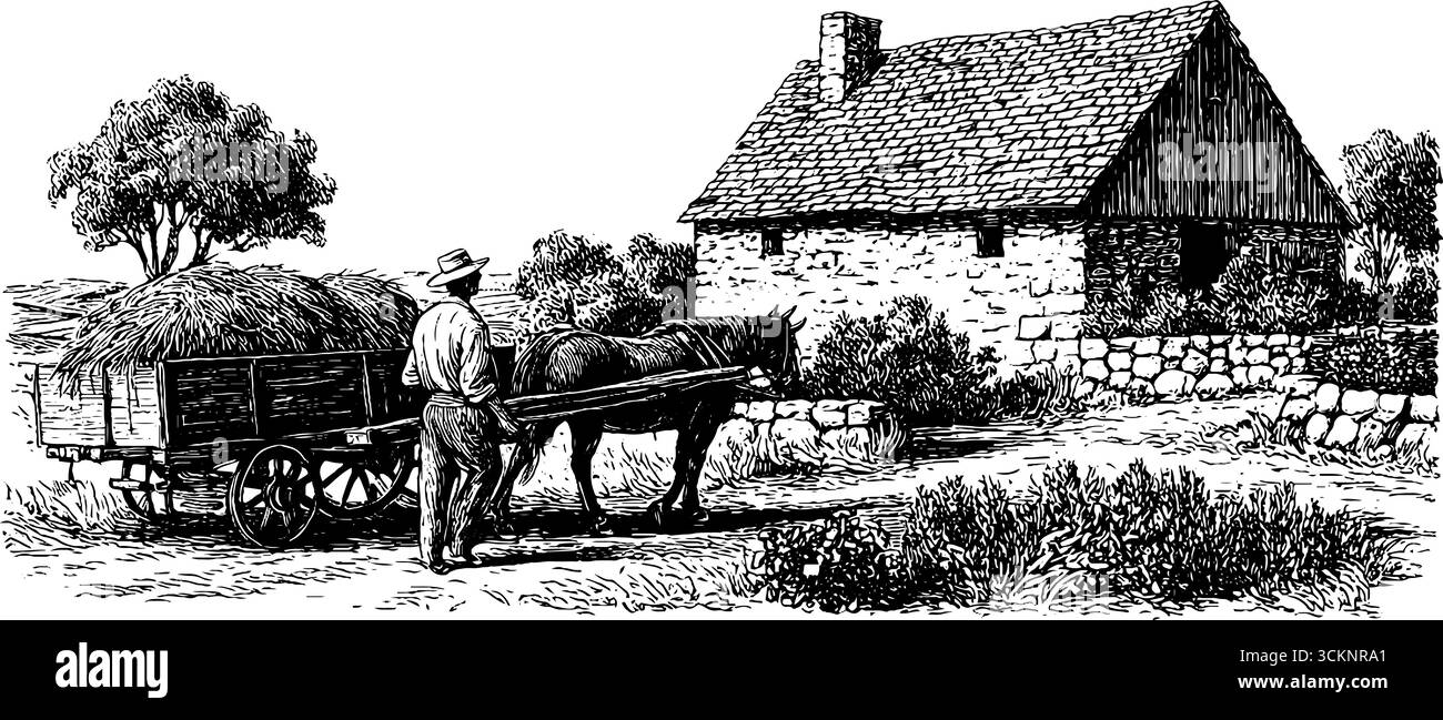 Scène rurale vintage avec chariot tiré par des chevaux et illustration de chalet rustique. Illustration de Vecteur