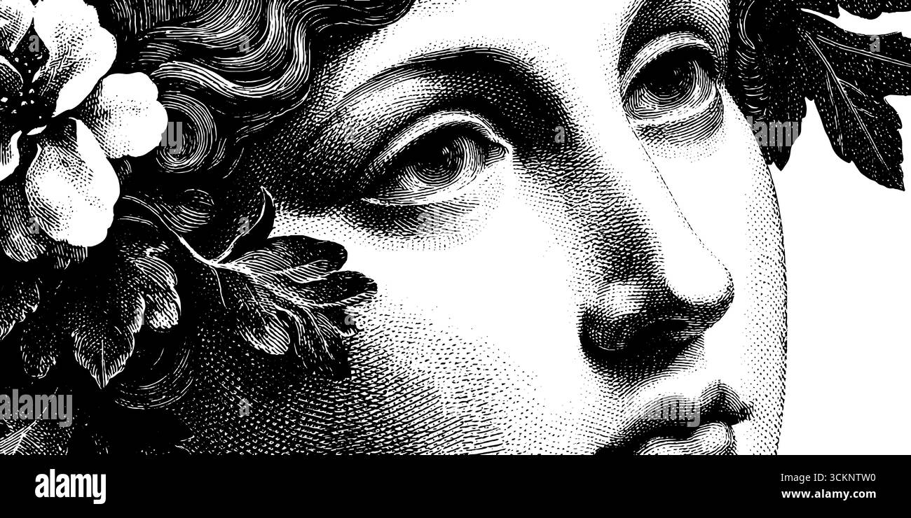 Art gravé de perséphone avec des fleurs de grenade. Illustration de Vecteur