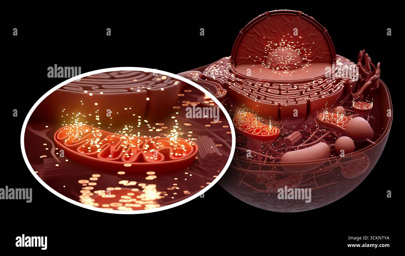 Illustration d'une cellule animale avec un encart de mitochondrie. Les mitochondries sont des organites qui produisent de l'énergie pour une cellule. Banque D'Images