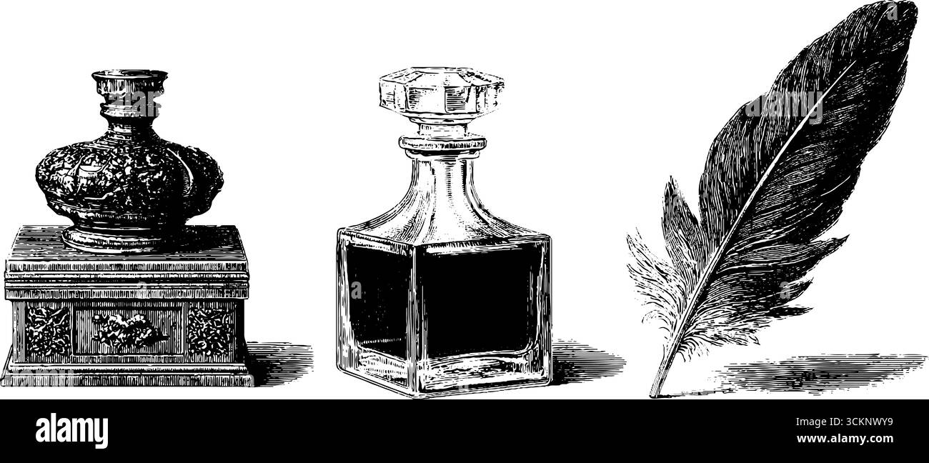 Ensemble gravé vintage avec boîte à priser en émail, bouteille de parfum et plume de plume de plume pour la conception d'art antique. Illustration de Vecteur