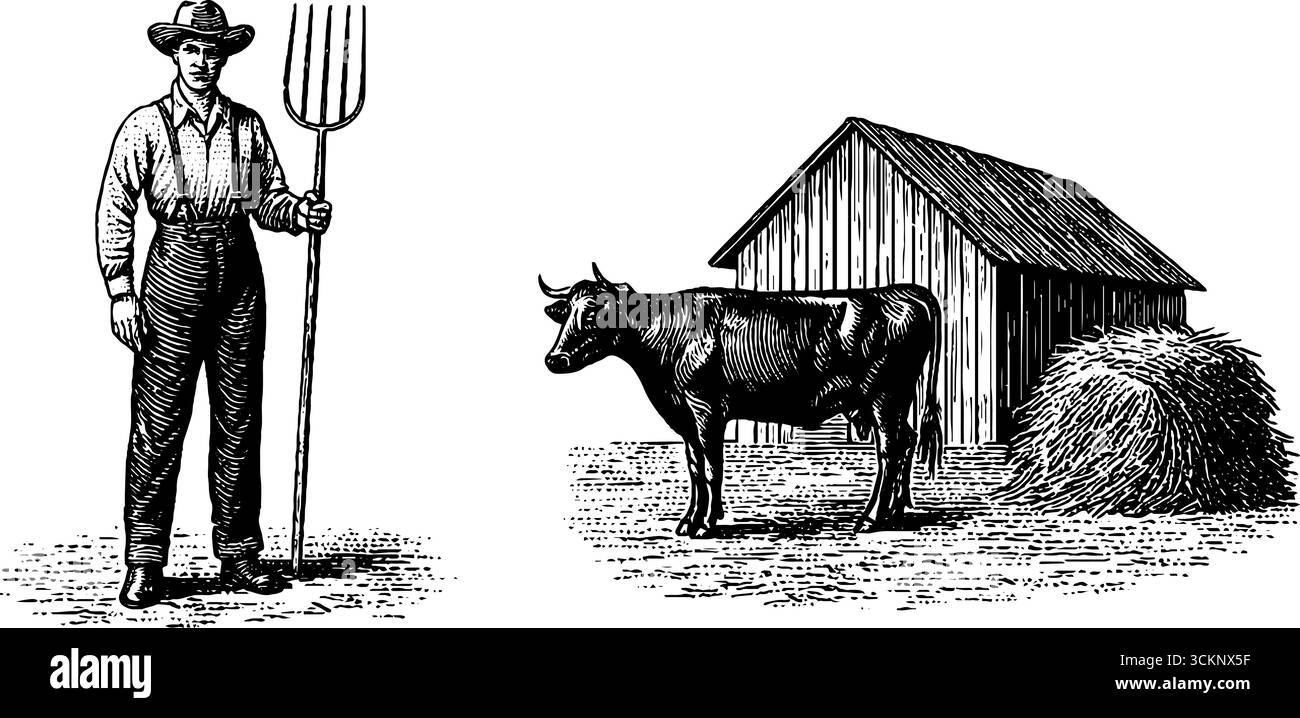 Illustration gravée de fermier avec fourche, vache, meule de foin et scène de grange. Illustration de Vecteur