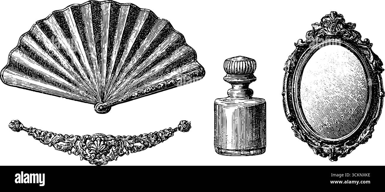 Collection vintage d'éventail en ivoire gravé, broche camée, bouteille de parfum et miroir orné. Illustration de Vecteur