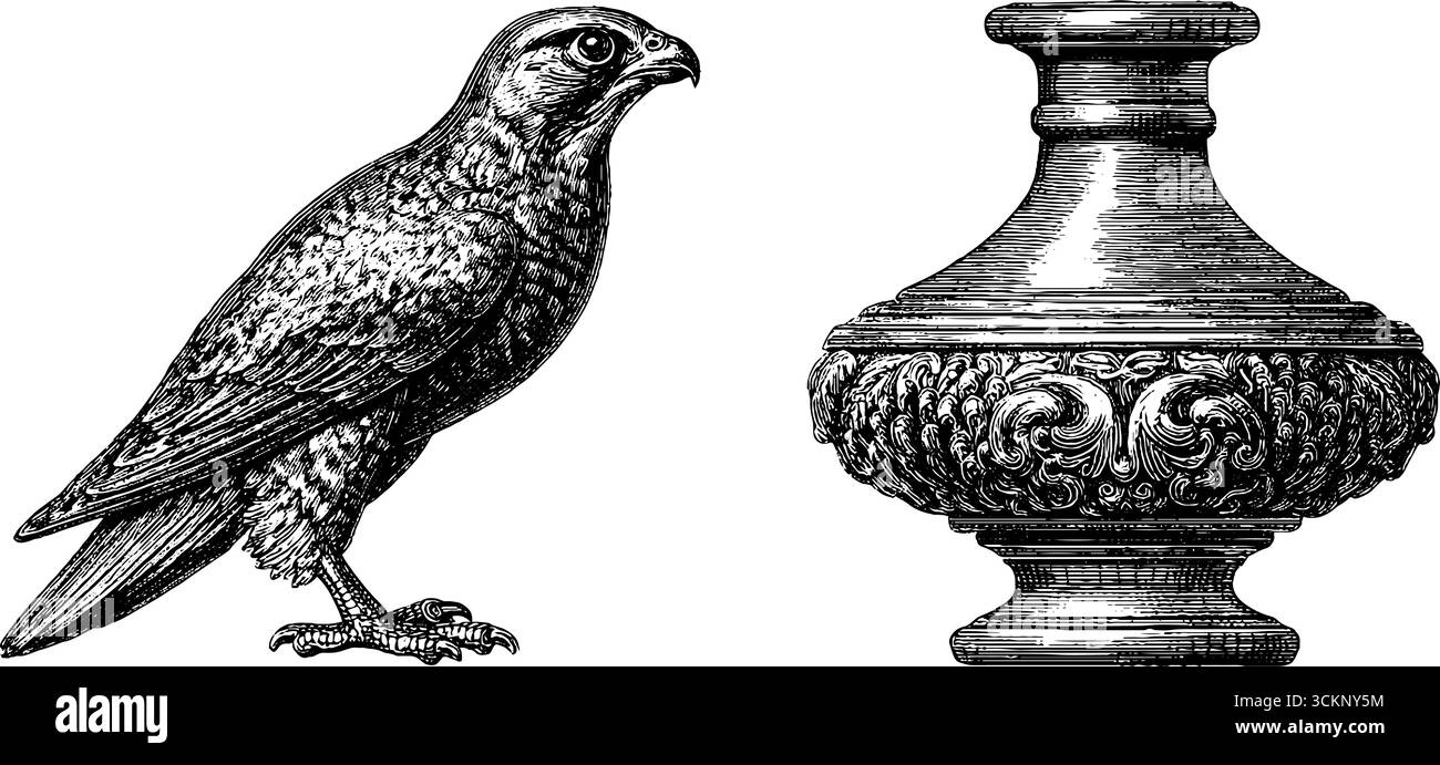 Faucon gravé vintage et illustration de bouteille de parfum ornée pour la conception artistique. Illustration de Vecteur