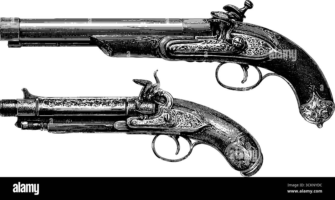 Illustration gravée de pistolets de duel français pour la conception d'armes historiques. Illustration de Vecteur