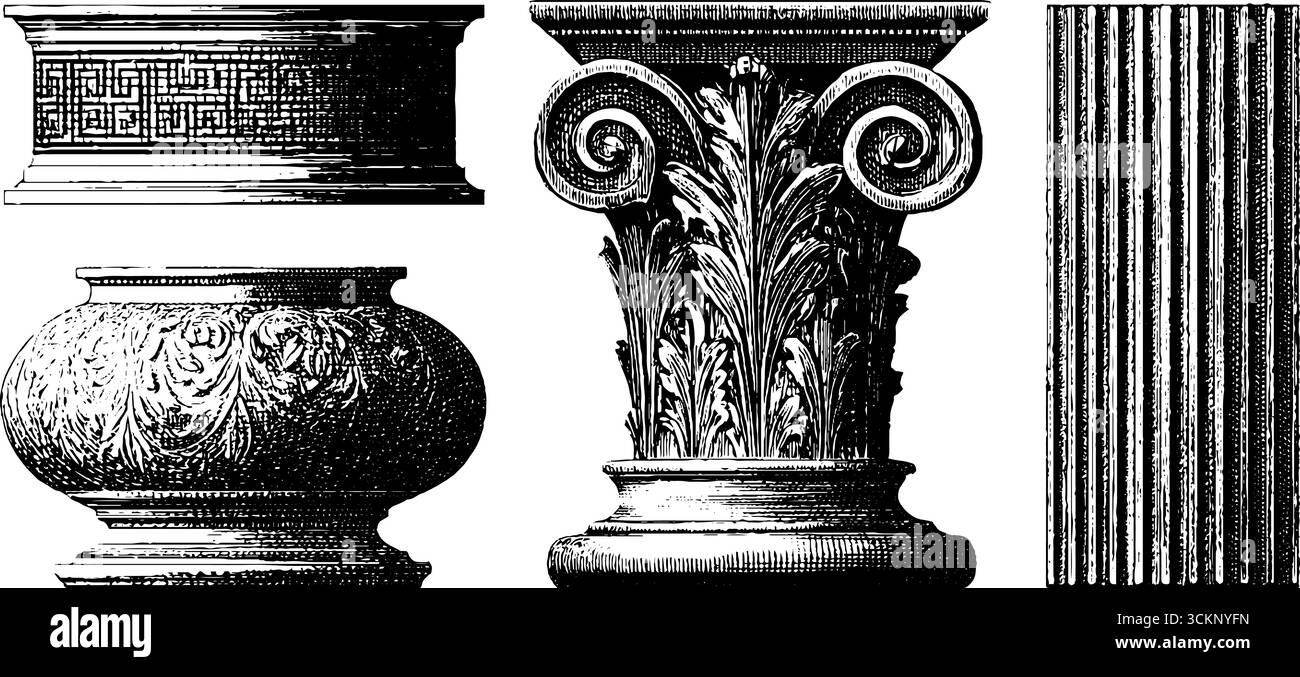 Ensemble détaillé d'illustration gravée de conceptions de colonnes hellénistiques pour l'inspiration architecturale. Illustration de Vecteur